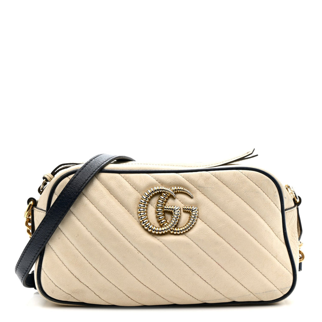 Gucci Vintage Effect Calfskin Matelasse Diagonal Small Torchon GG Marmont Chain Shoulder Bag Mystic White Blue Agata