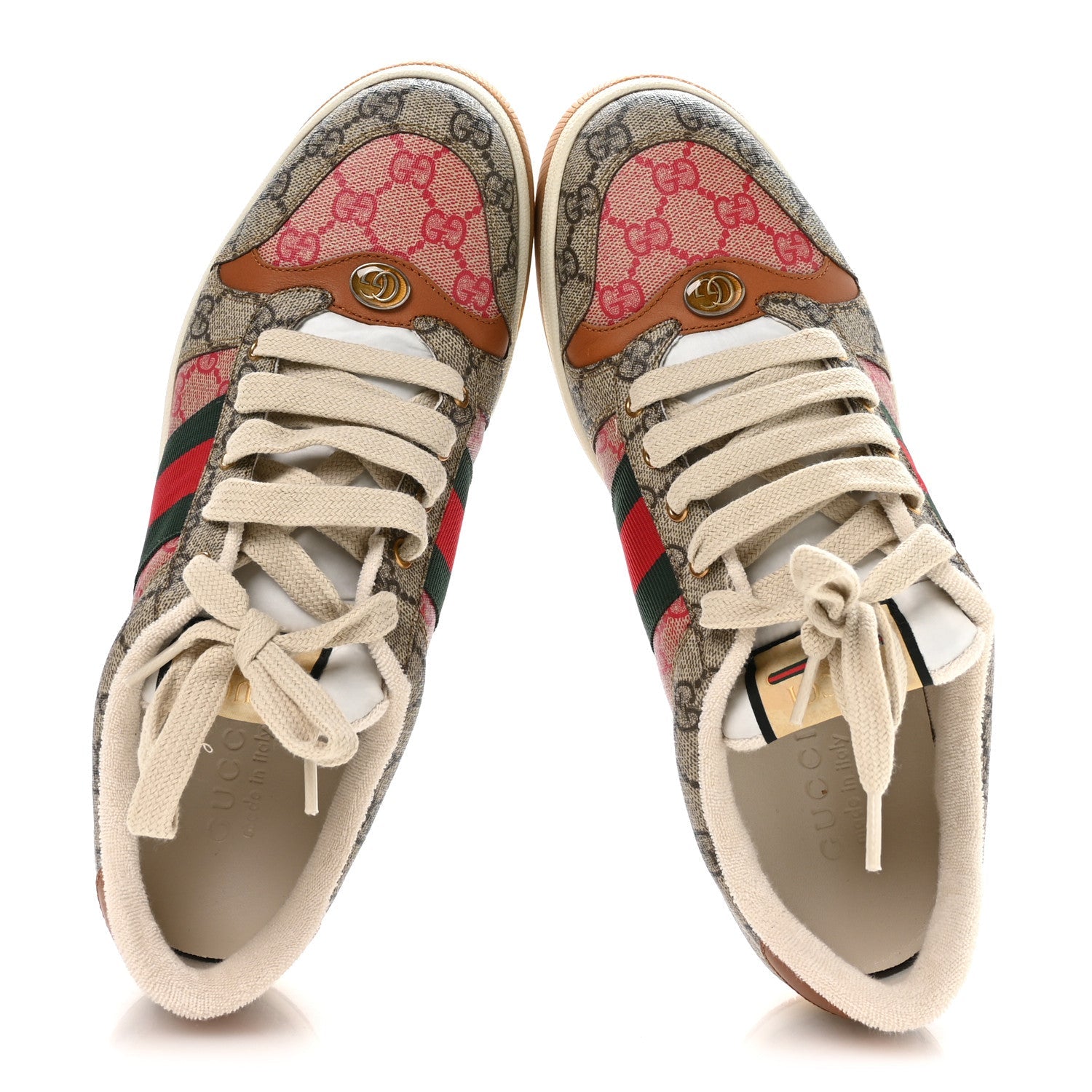 Gucci GG Supreme Monogram Harness Calfskin Web Mens Screener Sneakers 10.5 Beige Ebony Rosso Harness Brown