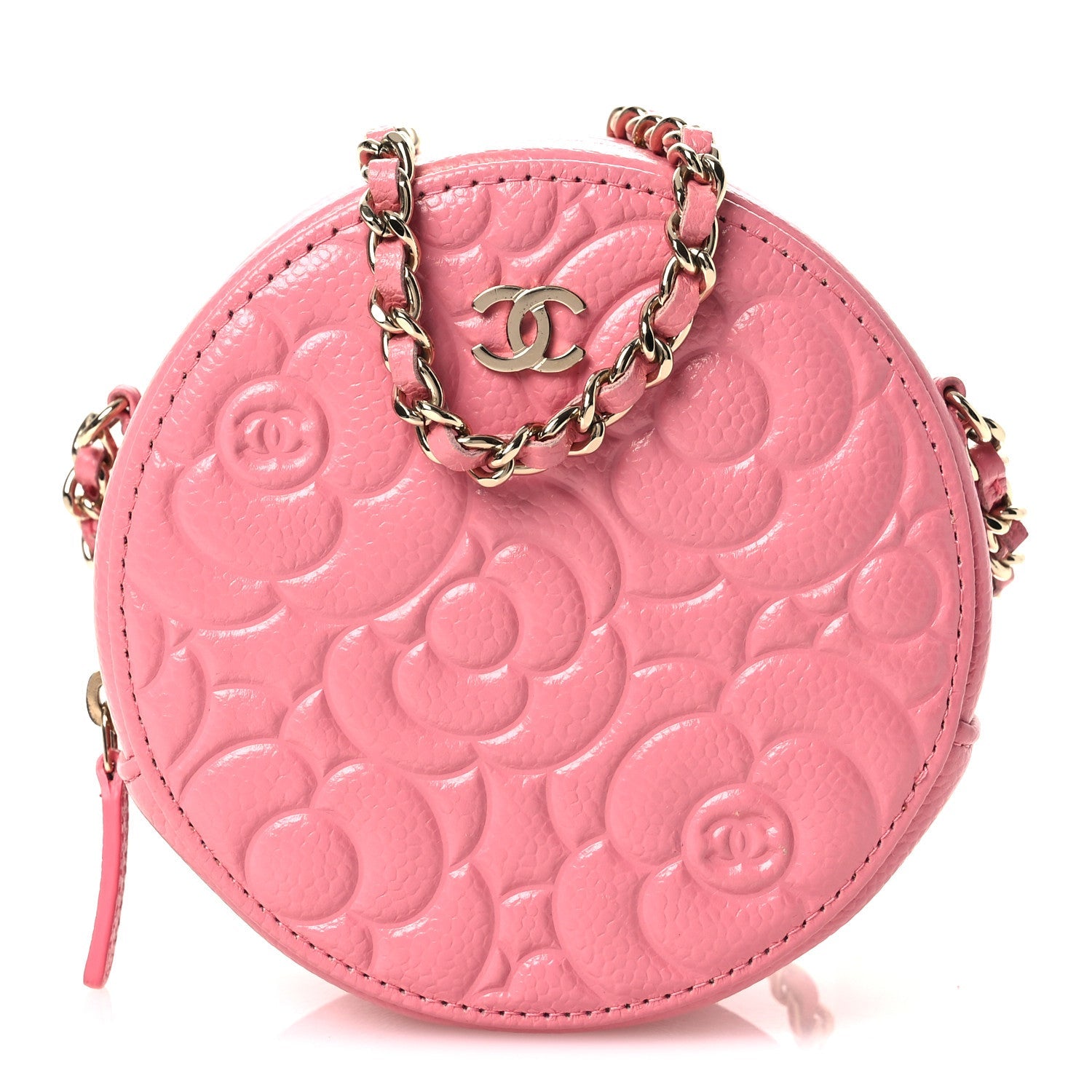 Chanel Caviar Camellia Embossed Round Clutch With Chain Pink