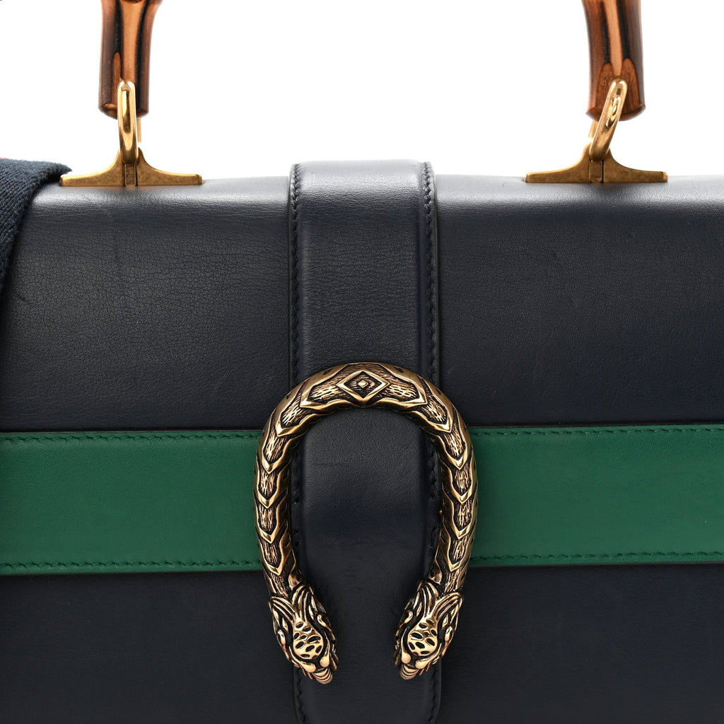 Gucci Moon Calfskin Bamboo Web Medium Dionysus Top Handle Bag Blue Emerald Hibiscus Red