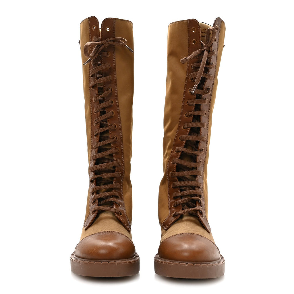 Prada Re-Nylon Spazzolato Rois Metal Triangle Logo Tall 50mm Combat Boots 35.5 Tobacco Brown