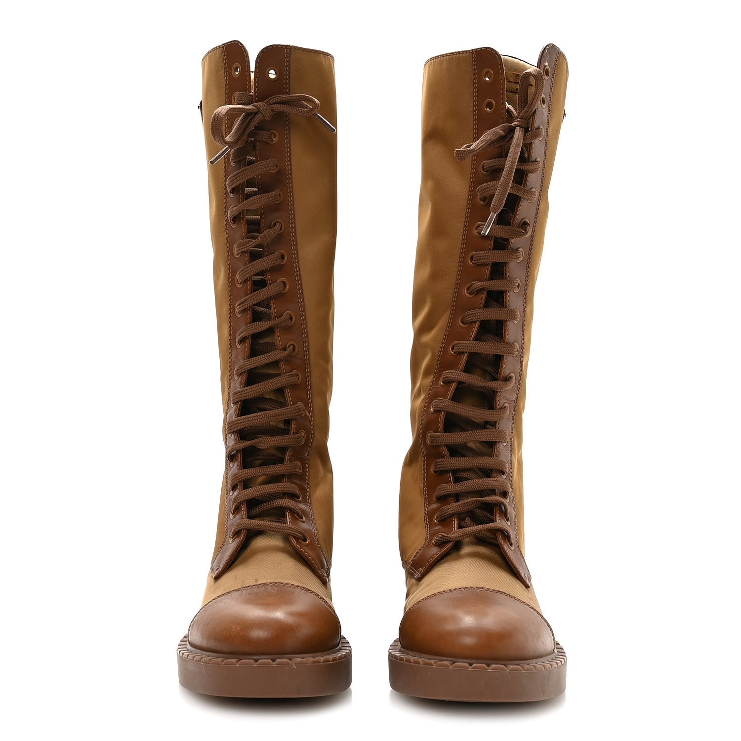 Prada Re-Nylon Spazzolato Rois Metal Triangle Logo Tall 50mm Combat Boots 35.5 Tobacco Brown