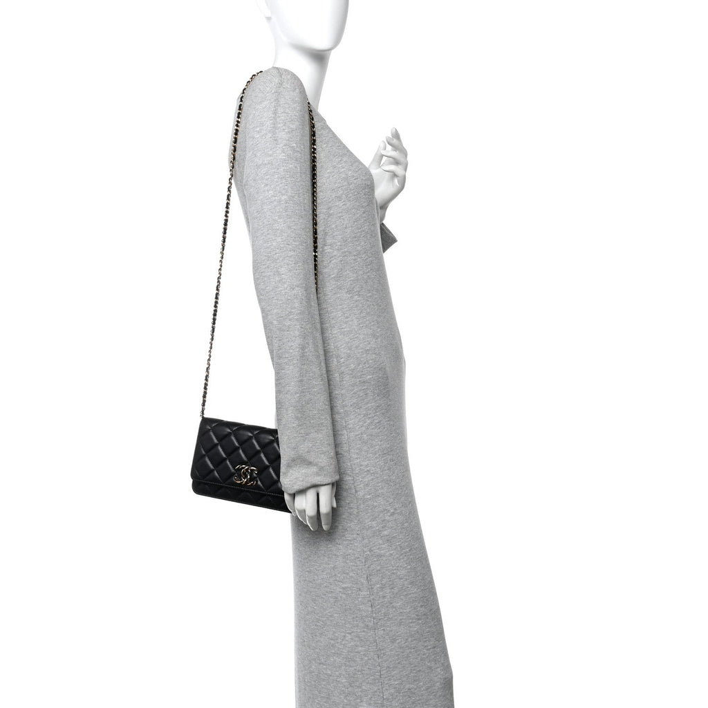 Chanel Lambskin Quilted Twisted CC Wallet On Chain WOC Black