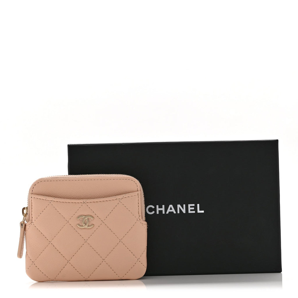 Caviar Quilted Zip Card Holder Wallet Light Beige