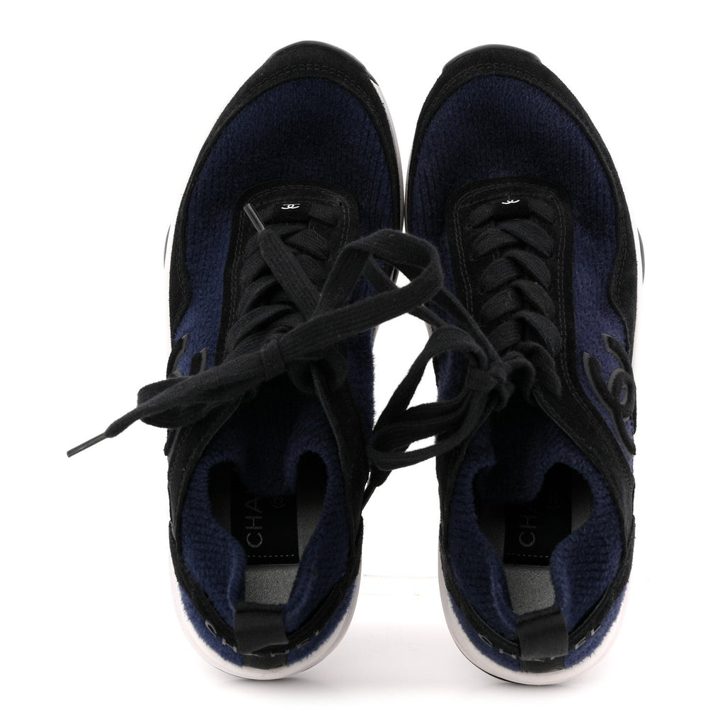Knit Fabric Suede Calfskin Womens CC Sneakers 36 Navy Black