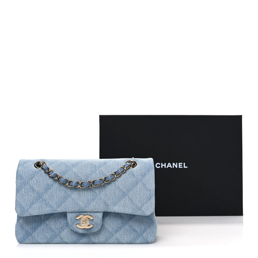 Chanel Printed Denim Quilted Small Double Flap Light Blue