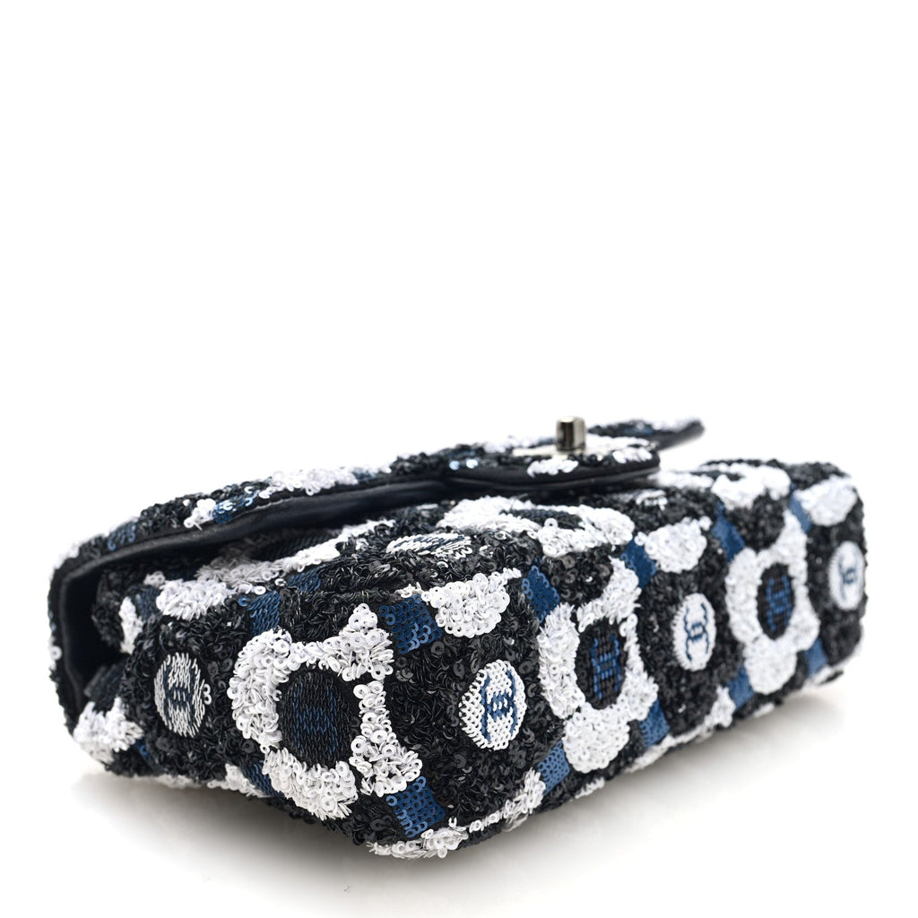 Chanel Satin Sequin Embellished Flower Mini Rectangular Flap Black White Blue