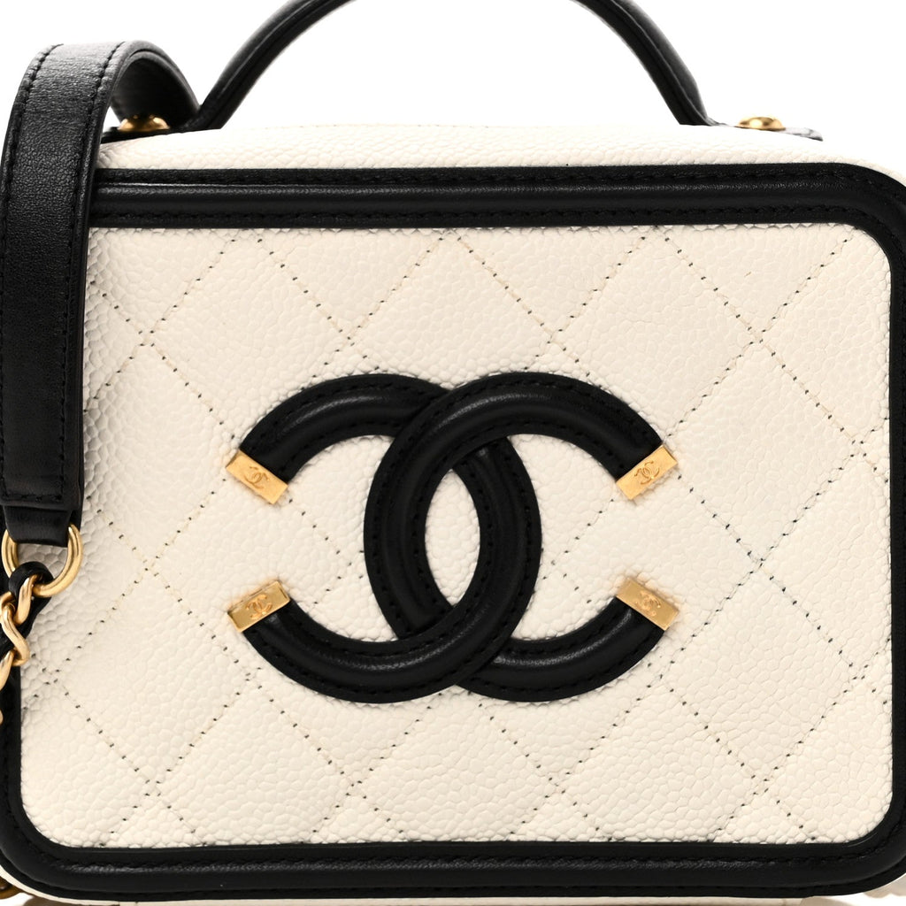 Chanel Caviar Quilted Small CC Filigree Vanity Case White Black