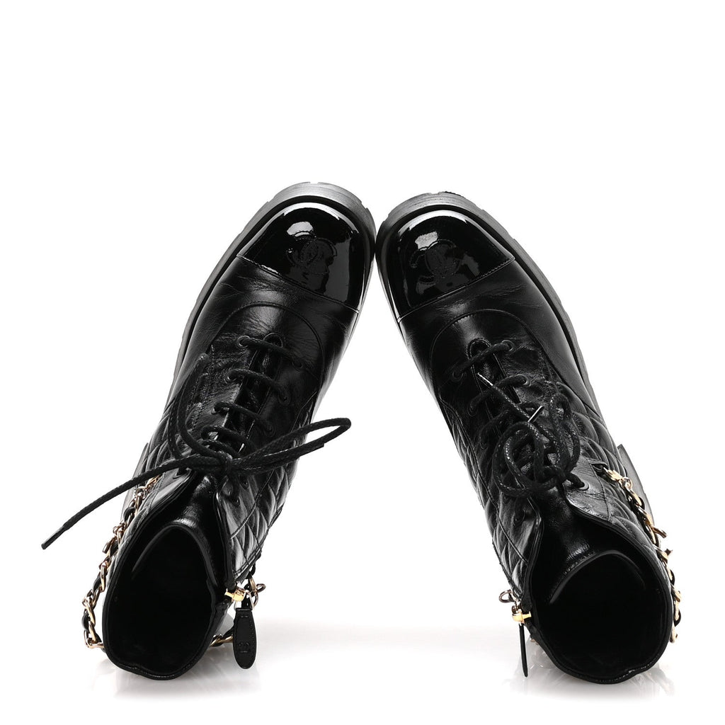 Chanel Shiny Calfskin Patent Quilted Chain Lace Up Combat Boots 40 Black