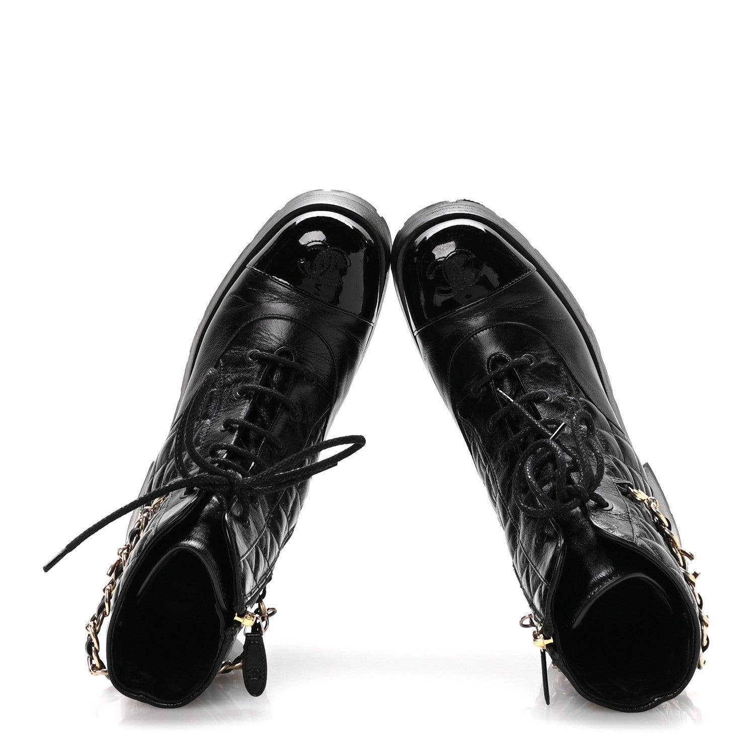 Chanel Shiny Calfskin Patent Quilted Chain Lace Up Combat Boots 40 Black