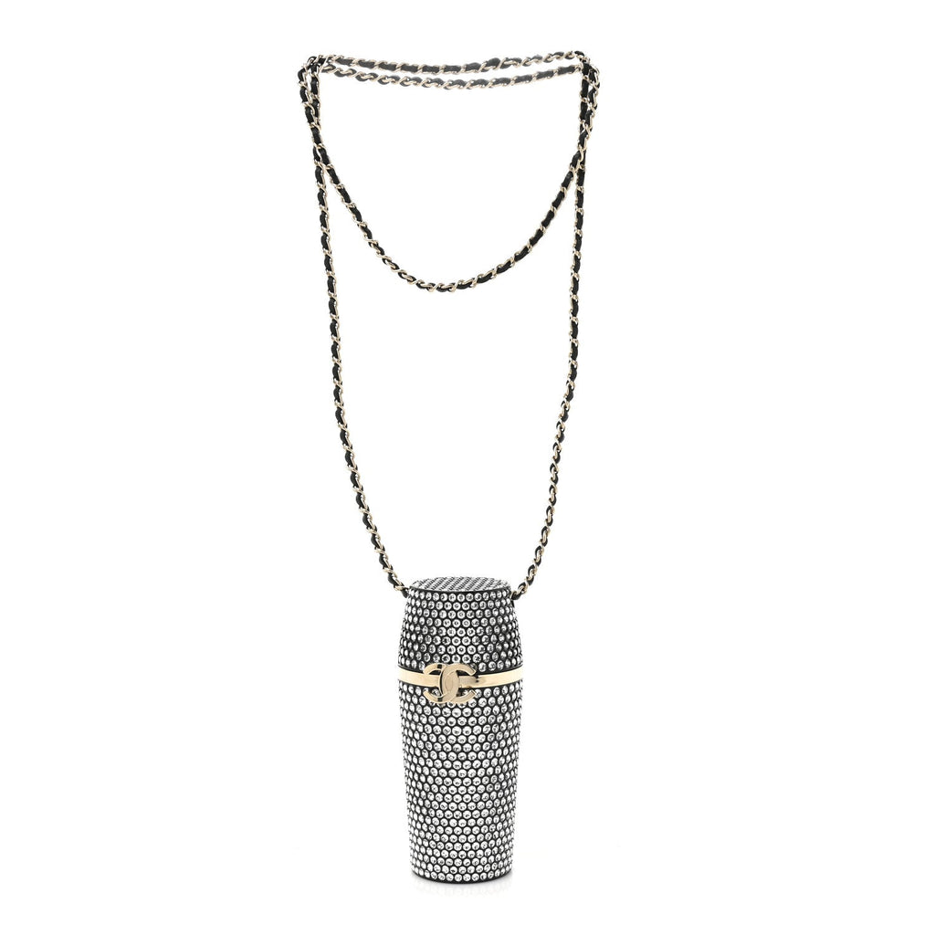 Chanel Metal Resin Lambskin Crystal Lipstick Case Long Necklace On Chain Silver Black Gold