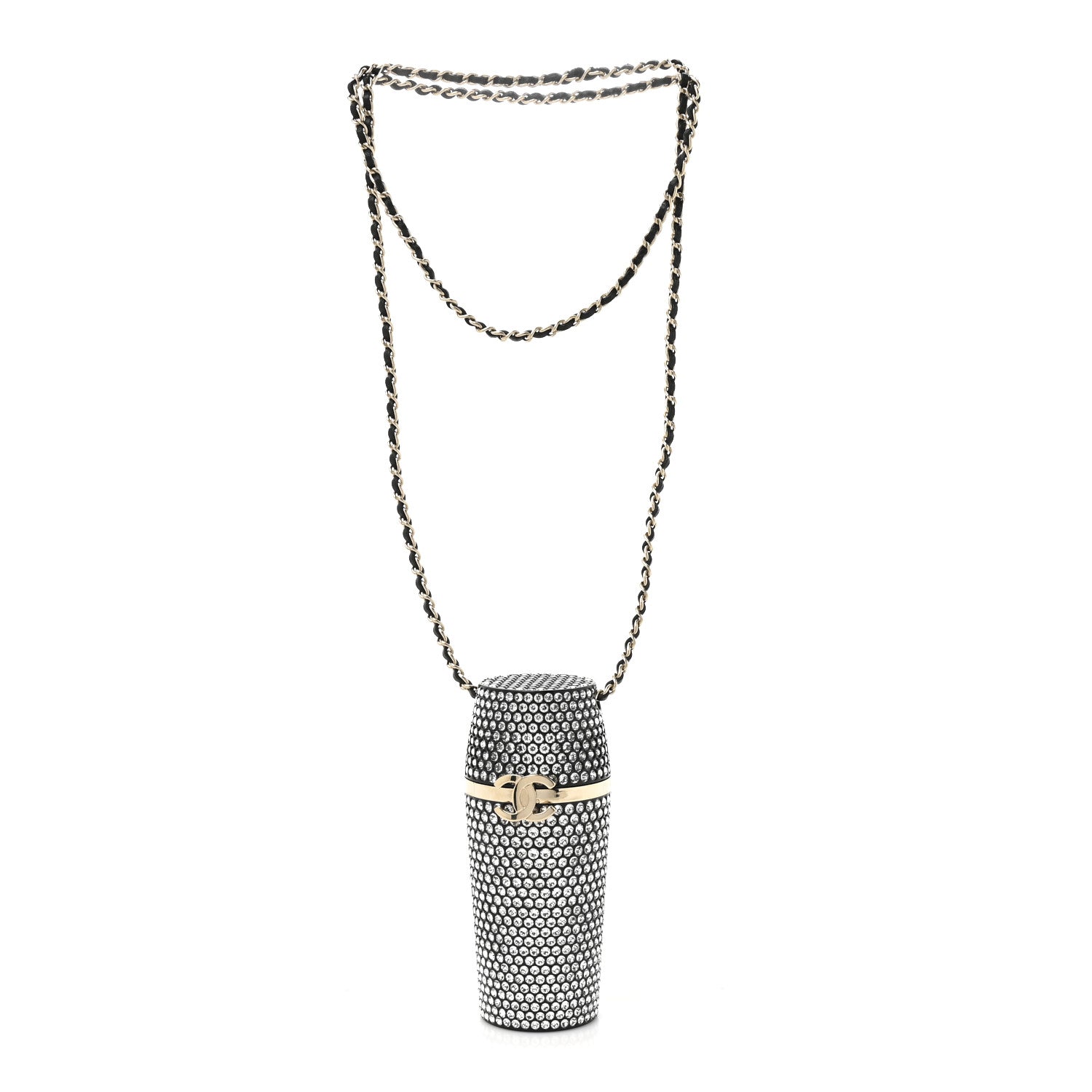 Chanel Metal Resin Lambskin Crystal Lipstick Case Long Necklace On Chain Silver Black Gold