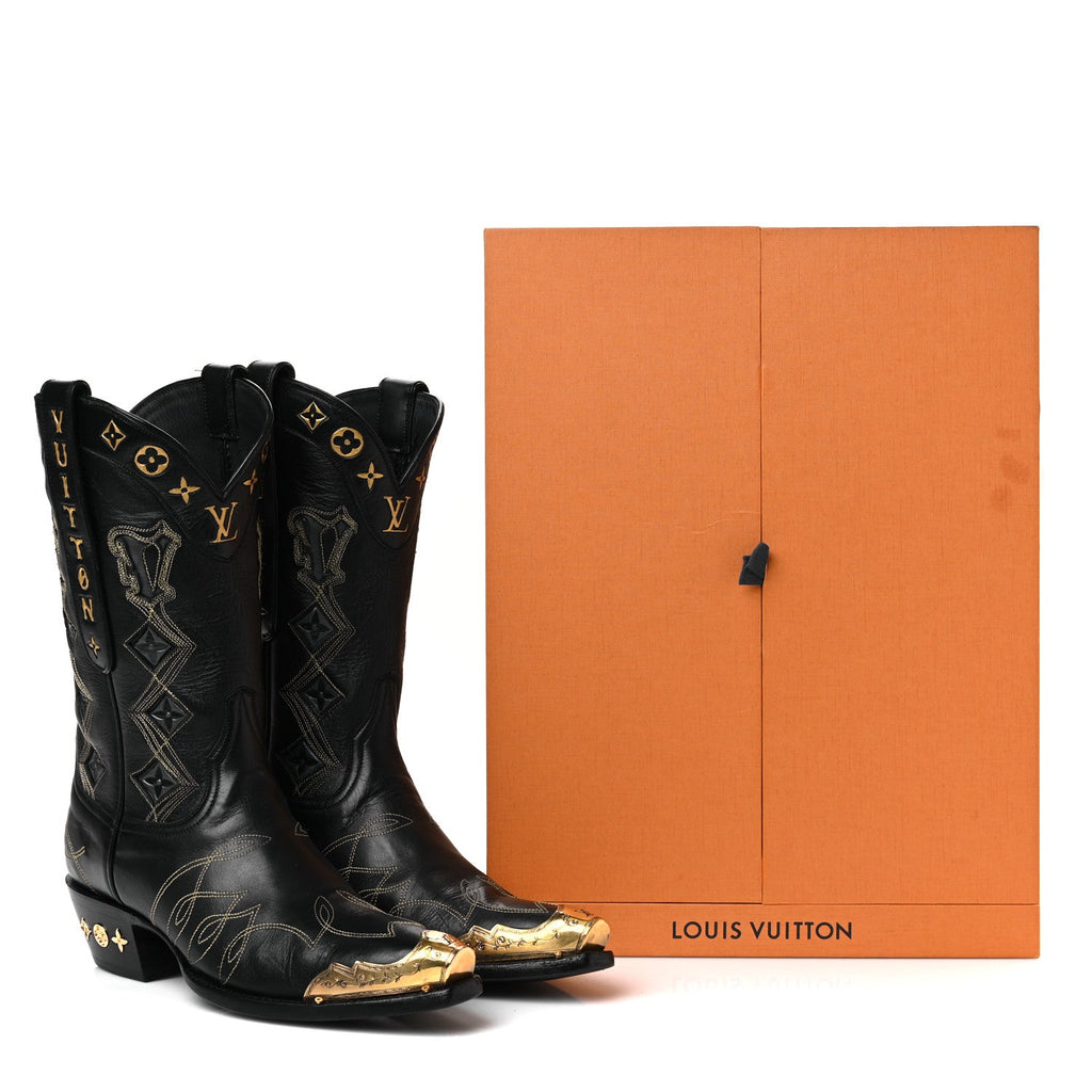 Louis Vuitton Calfskin LV Texan Mens Rider Boots 7.5 Black Gold