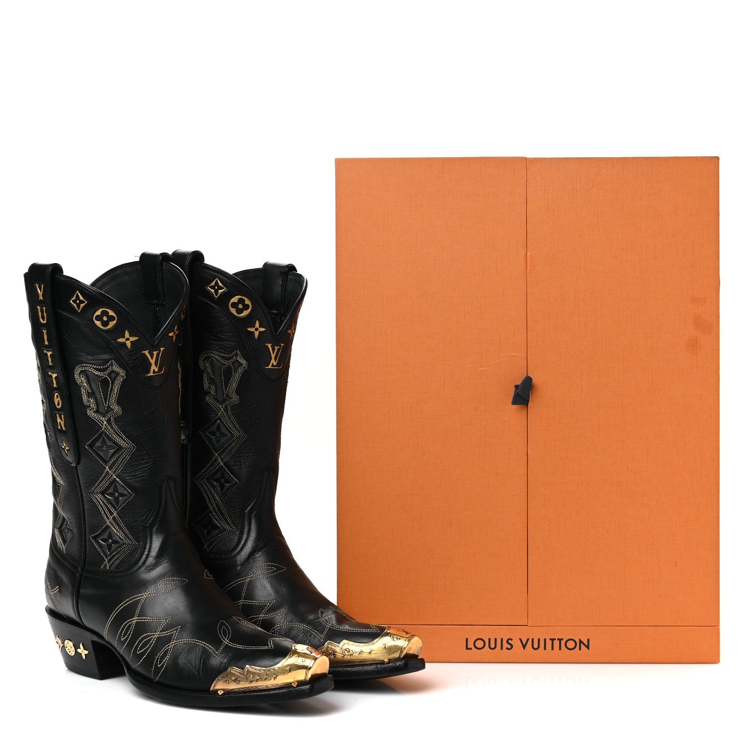 Louis Vuitton Calfskin LV Texan Mens Rider Boots 7.5 Black Gold