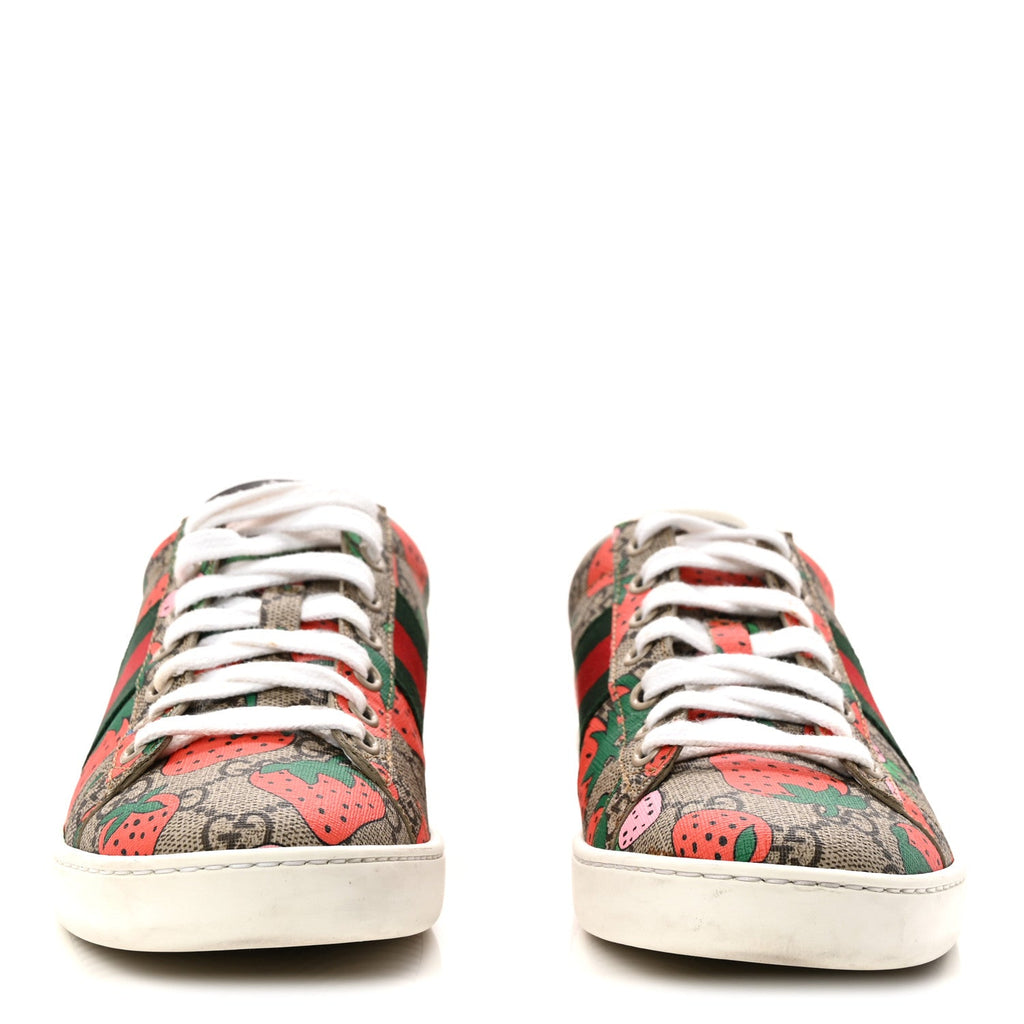 Gucci GG Supreme Monogram Strawberry Web Womens Ace Sneakers 36.5 Beige Multicolor Red Green