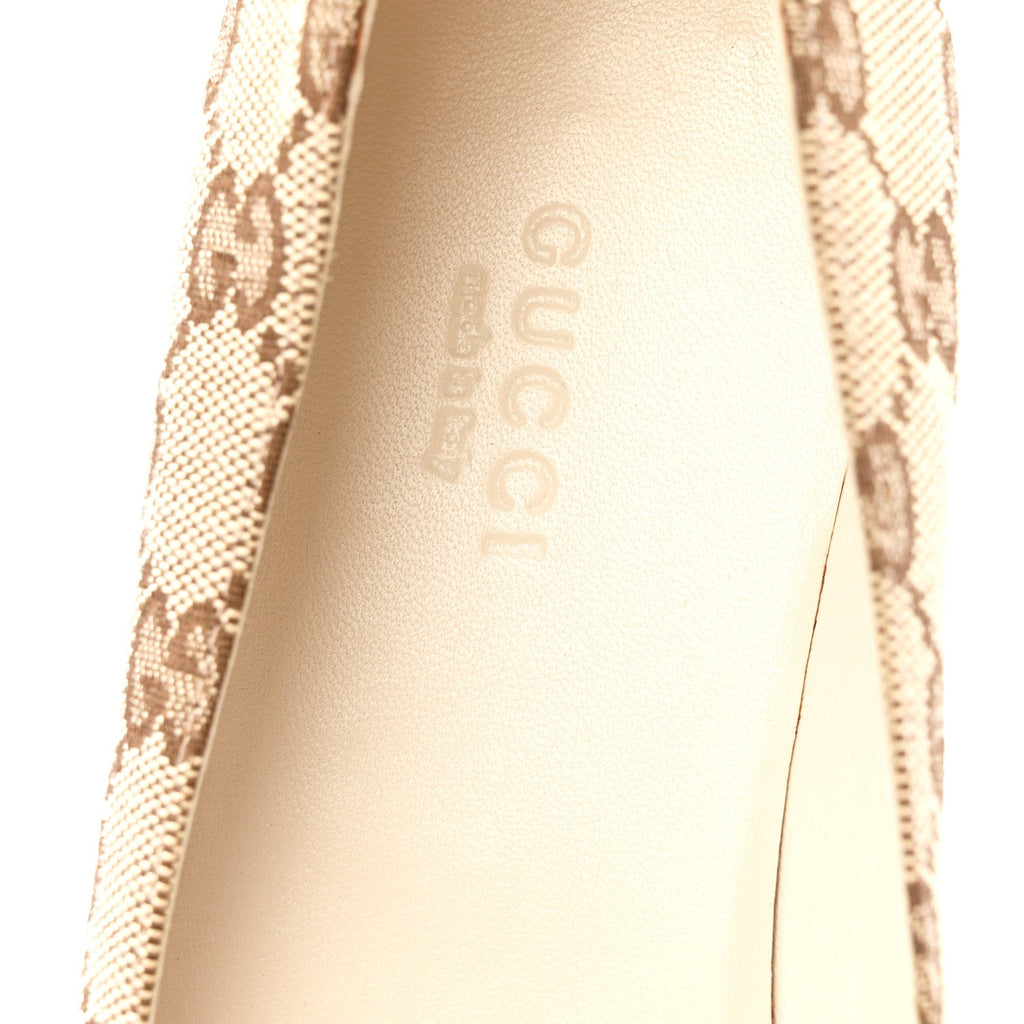 Gucci Monogram Miro Soft Calfskin Womens Horsebit Peep Toe Flats 6 Beige Ebony Mystic White