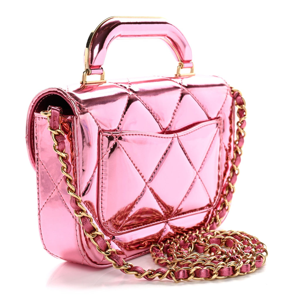 Chanel Mirror Metallic Calfskin Quilted Mini Top Handle Flap Pink