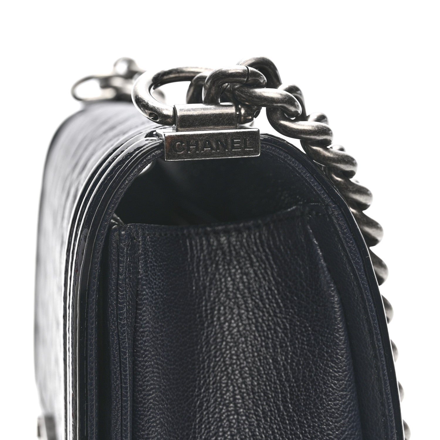 Chanel Goatskin Quilted Patent Medium Duo Boy Flap Dark Blue