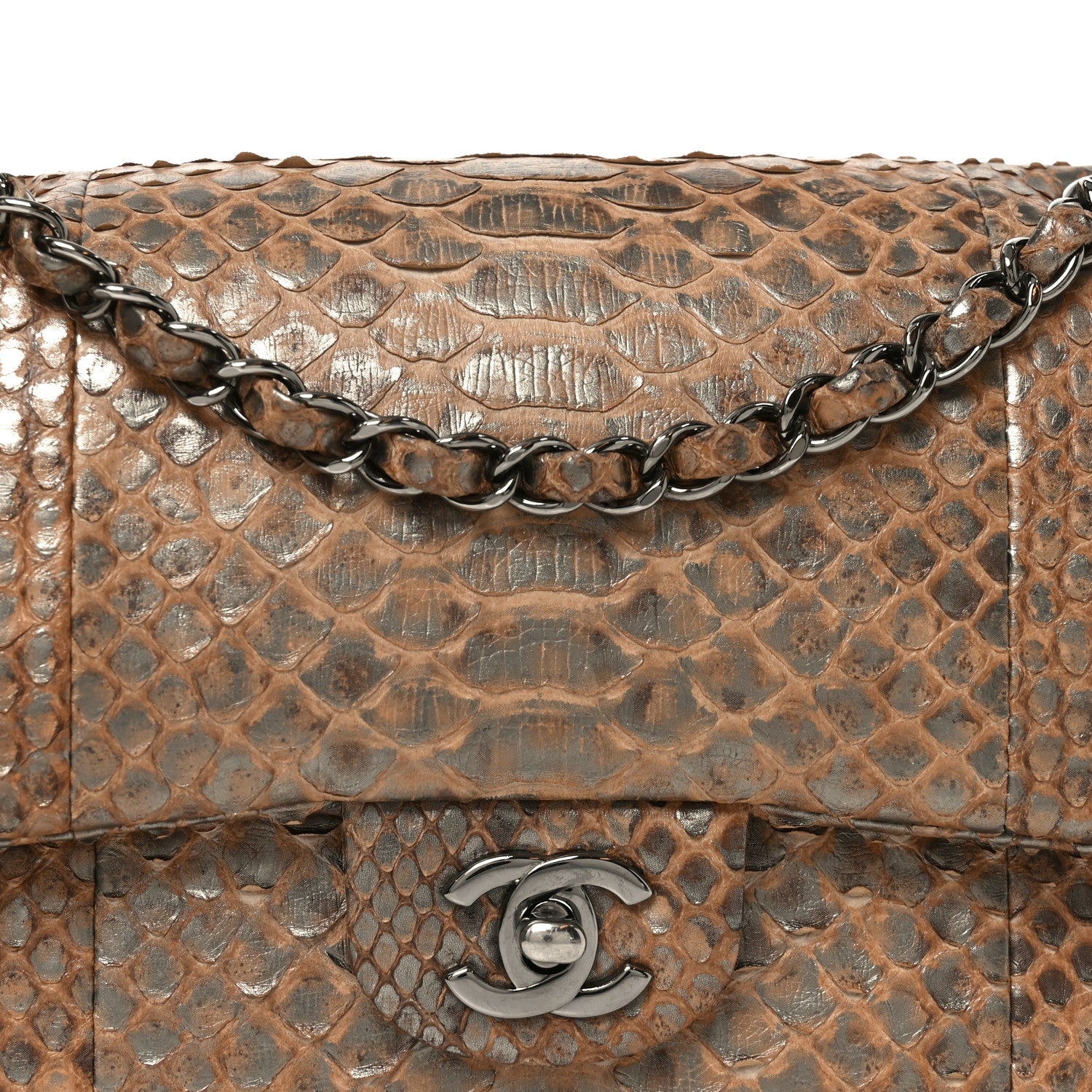 Chanel Metallic Snakeskin Medium Double Flap Beige