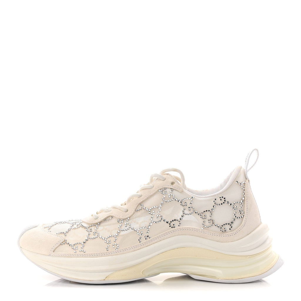 Gucci Tela Retino Mesh Crystal Suede GG Monogram Womens Gucci Run Sneakers 37.5 Off White Silver