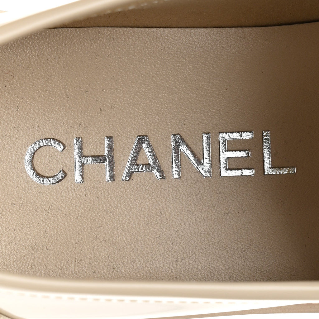 Chanel Shiny Calfskin Logo Loafers 39.5 Beige