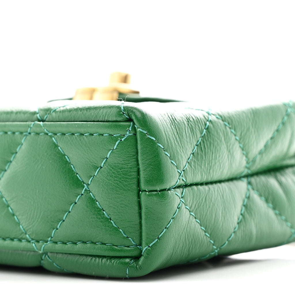 Chanel Shiny Aged Calfskin Quilted Mini Nano Kelly Shopper Green