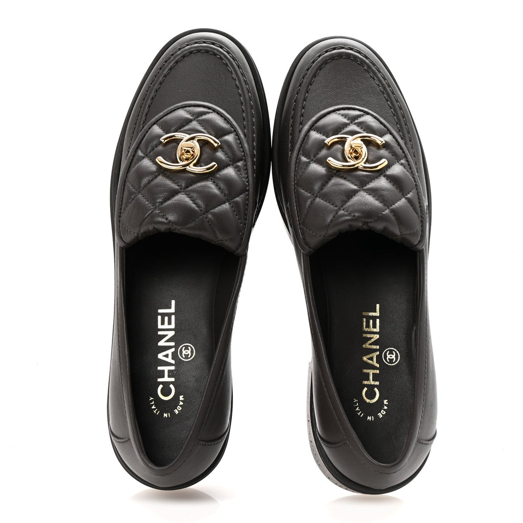 Lambskin Quilted CC Turnlock Loafers 38.5 Dark Brown