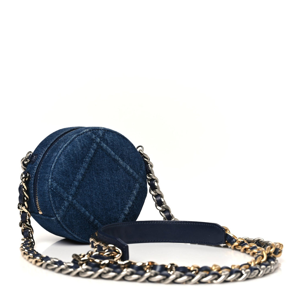 Chanel Denim Quilted Chanel 19 Round Clutch With Chain Blue