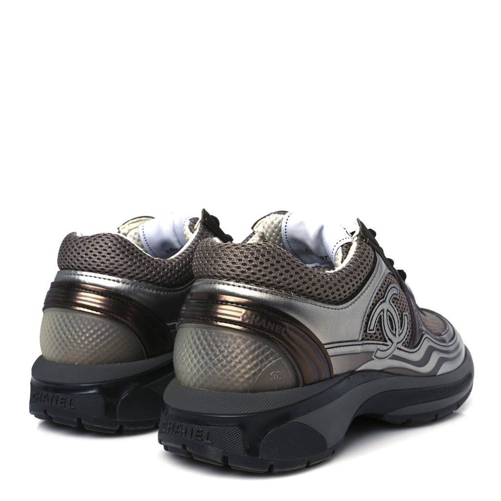 Fabric Laminated Calfskin Stretch CC Womens Sneakers 37 Khaki Silver Dark Purple