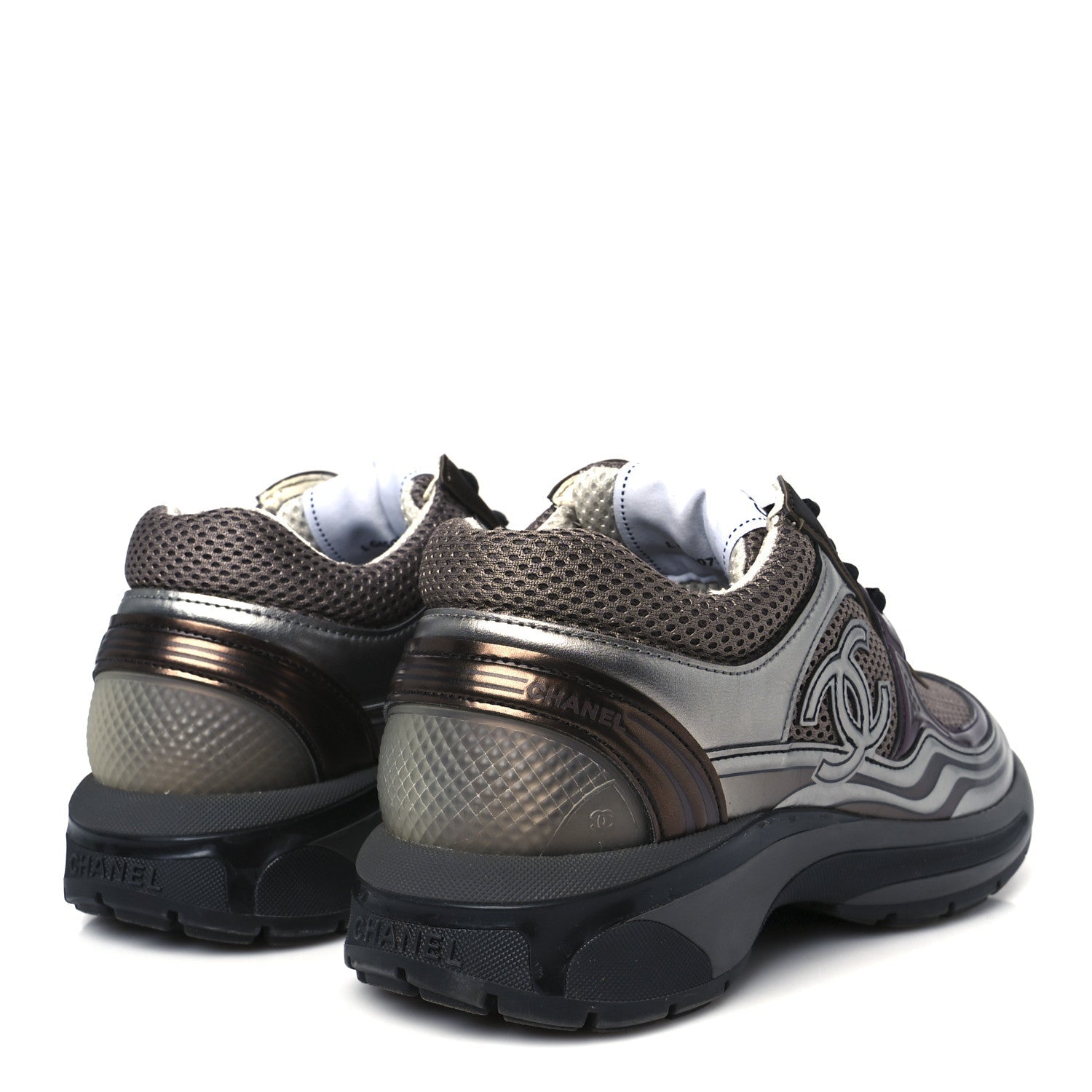 Fabric Laminated Calfskin Stretch CC Womens Sneakers 37 Khaki Silver Dark Purple