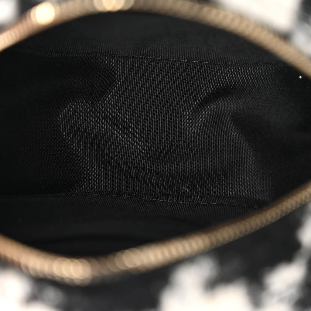 Chanel Wool Tweed Lambskin Quilted Chanel 19 Round Clutch With Chain and Coin Purse Black White