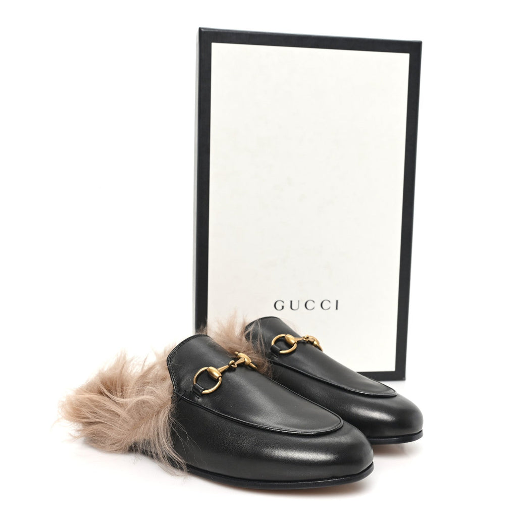 Gucci Calfskin Fur Womens Princetown Slippers 35 Black