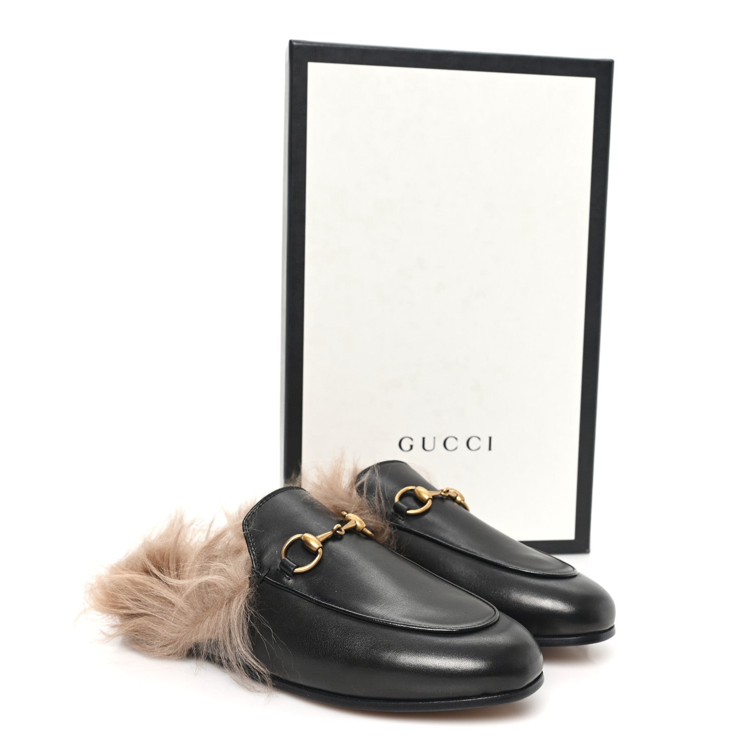 Gucci Calfskin Fur Womens Princetown Slippers 35 Black