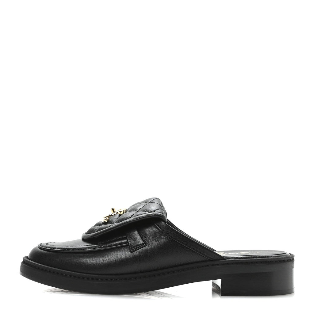 Lambskin Quilted CC Turnlock Mules 36.5 Black
