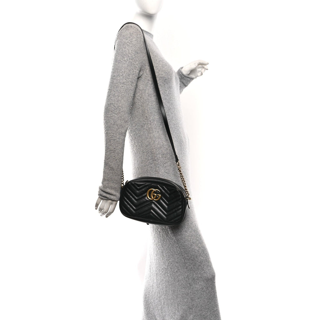 Gucci Calfskin Matelasse Small GG Marmont Chain Shoulder Bag Black