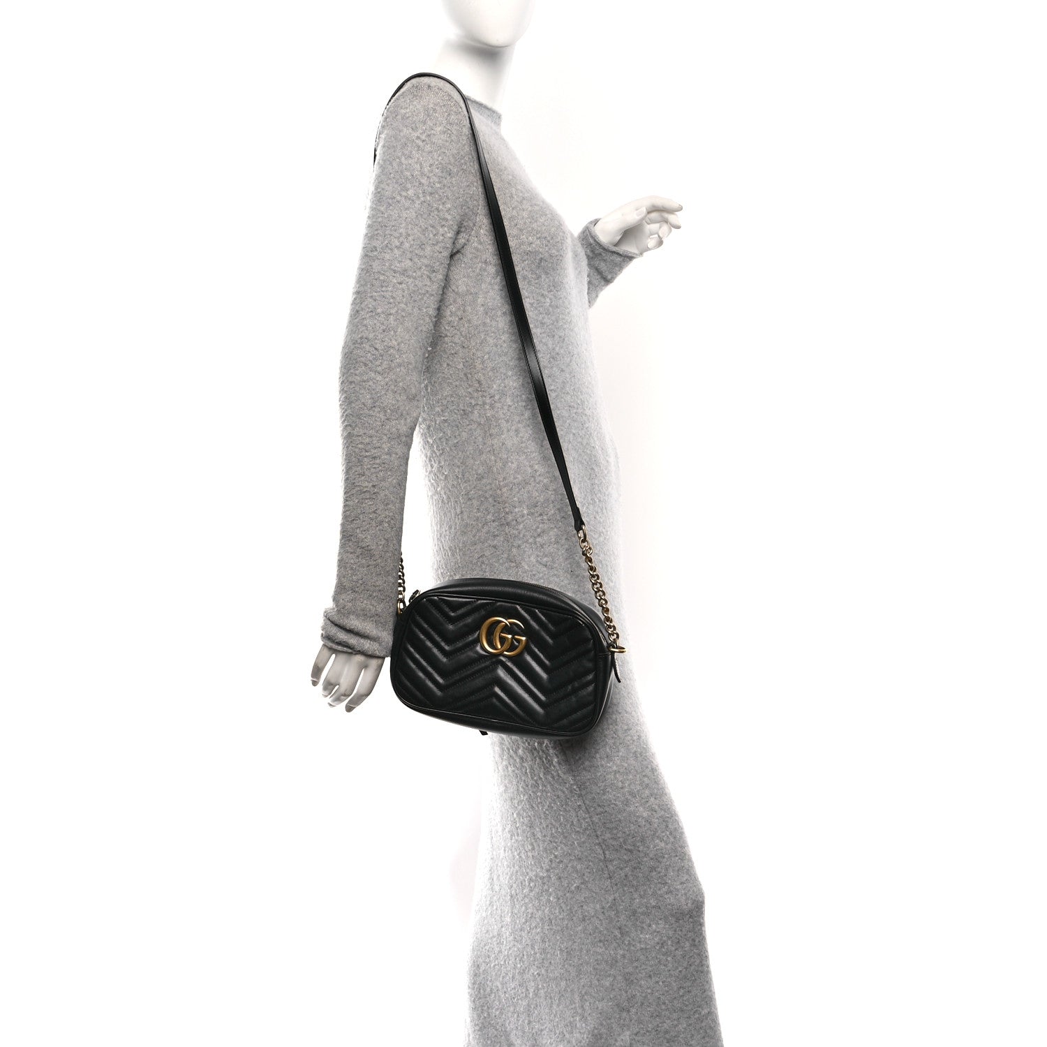 Gucci Calfskin Matelasse Small GG Marmont Chain Shoulder Bag Black
