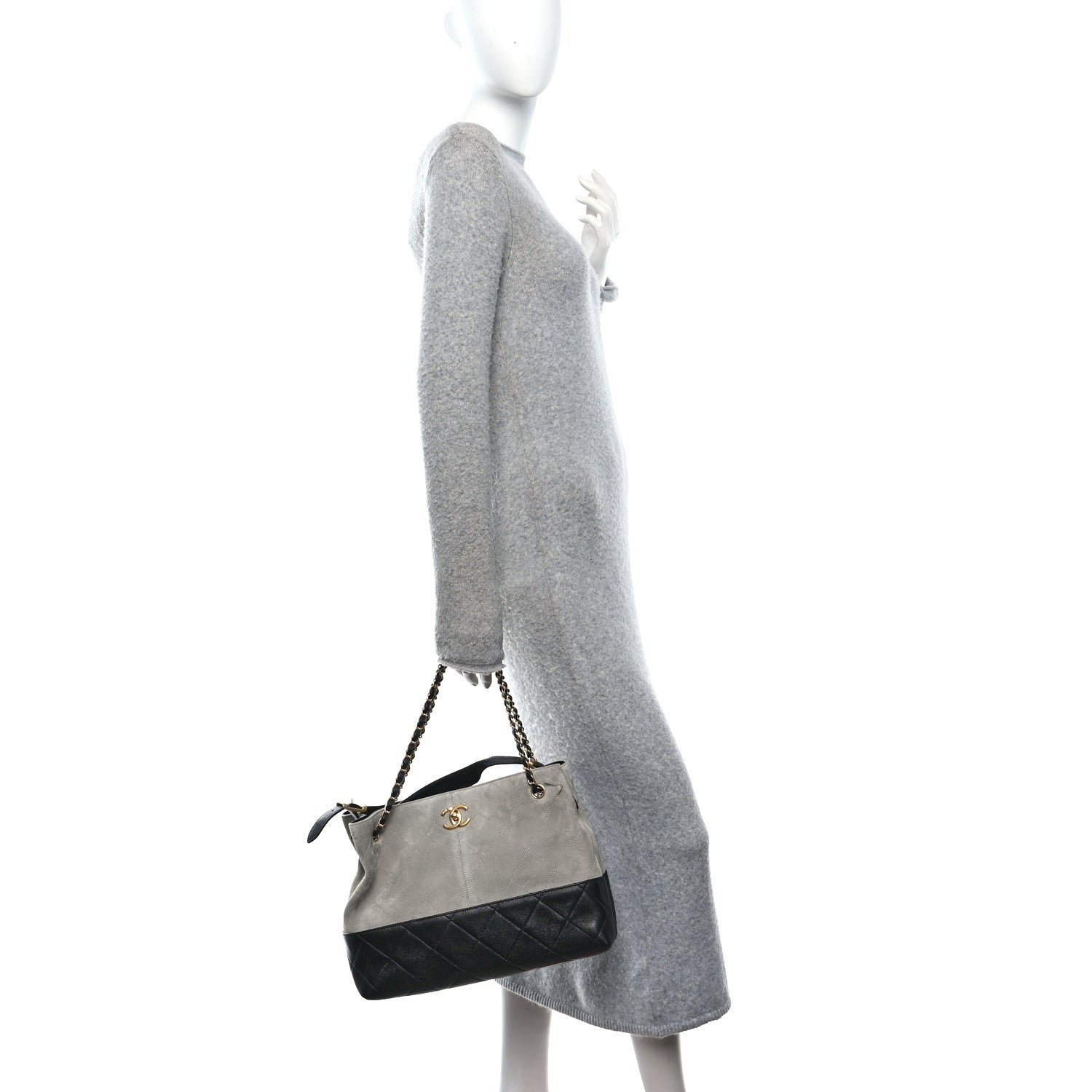 Chanel Suede Calfskin Shiny Lambskin Quilted Small Coco Base Shopping Bag Grey Black