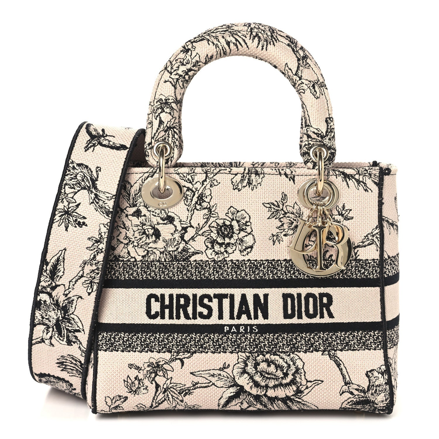 Christian Dior Canvas Embroidered Jardin Botanique Medium Lady D-Lite Light Pink Black