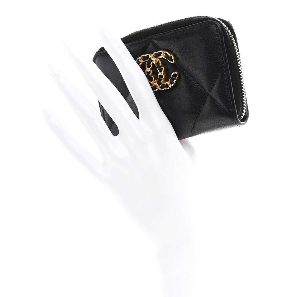 Lambskin Quilted Chanel 19 Zip Around Coin Purse Wallet Black