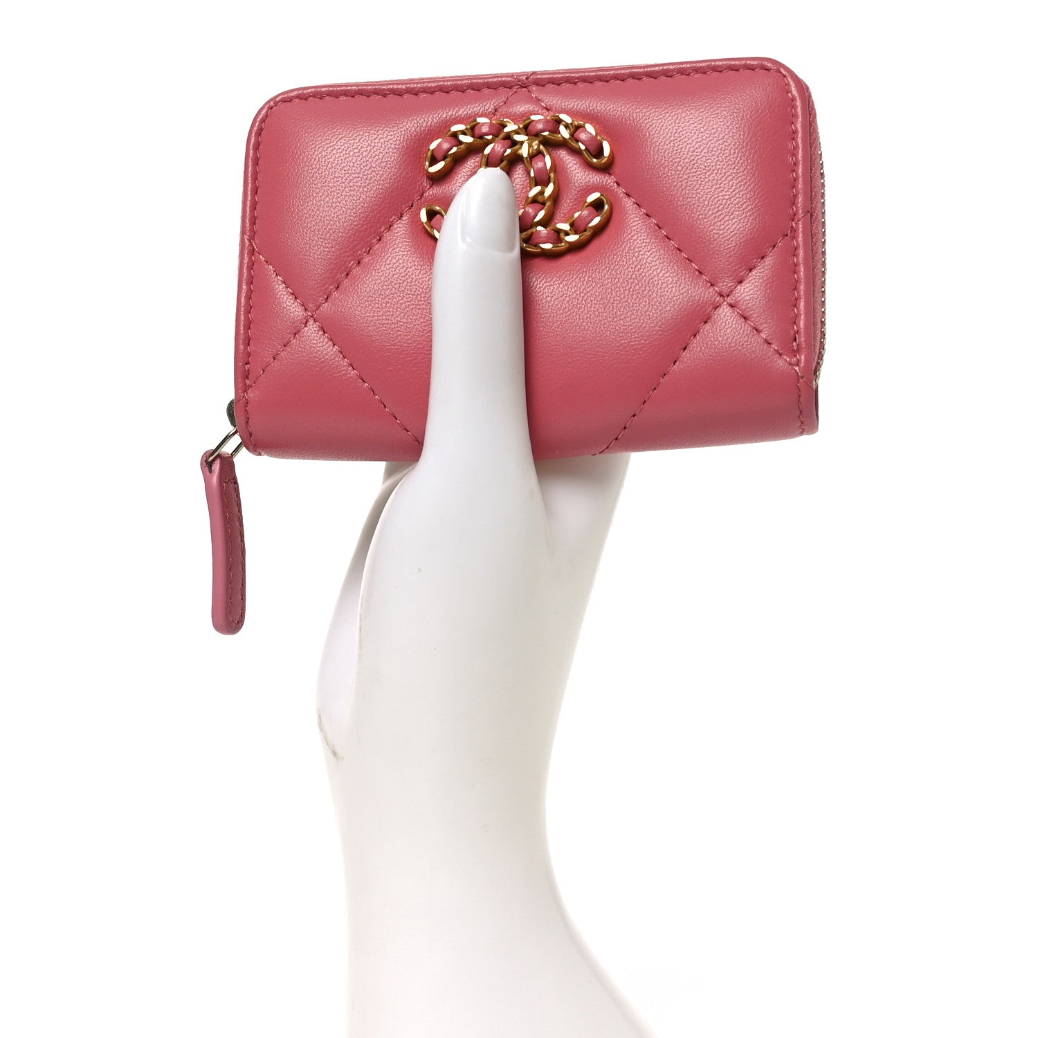 Lambskin Quilted Chanel 19 Zip Around Coin Purse Wallet Light Pink