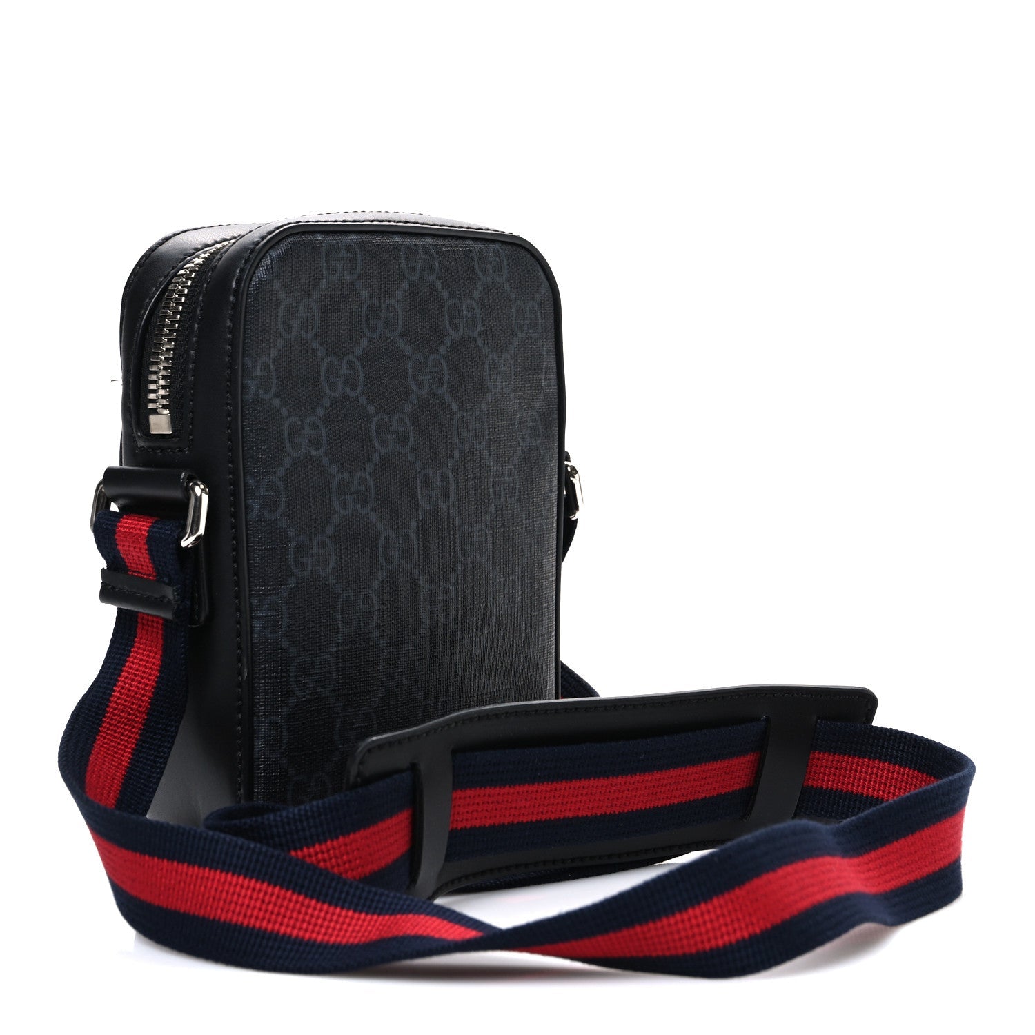 Gucci GG Supreme Monogram Appia Calfskin Web Small Camera Messenger Bag Black Grey