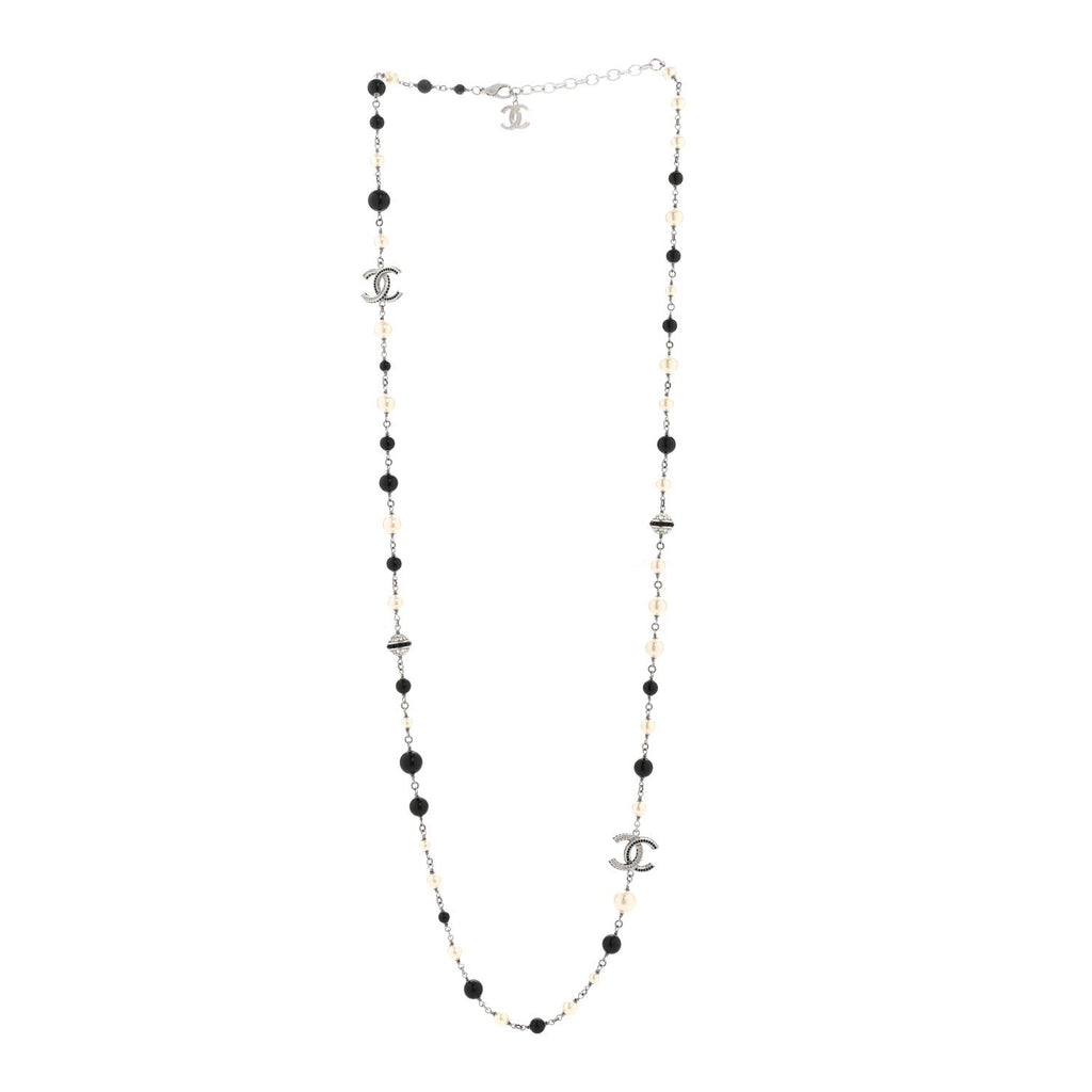 Metal Pearl Crystal Bead CC Long Necklace Black Silver