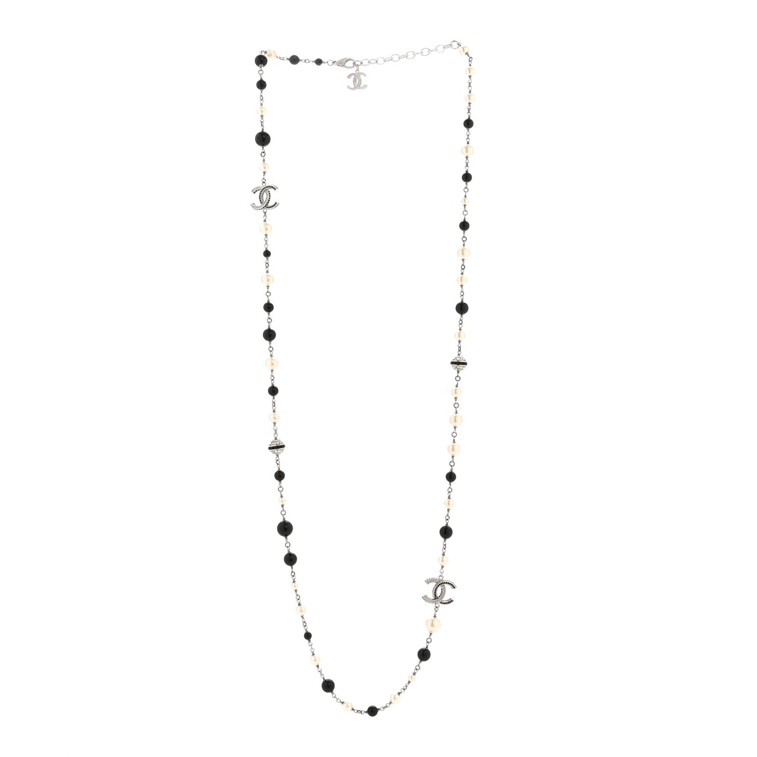 Metal Pearl Crystal Bead CC Long Necklace Black Silver