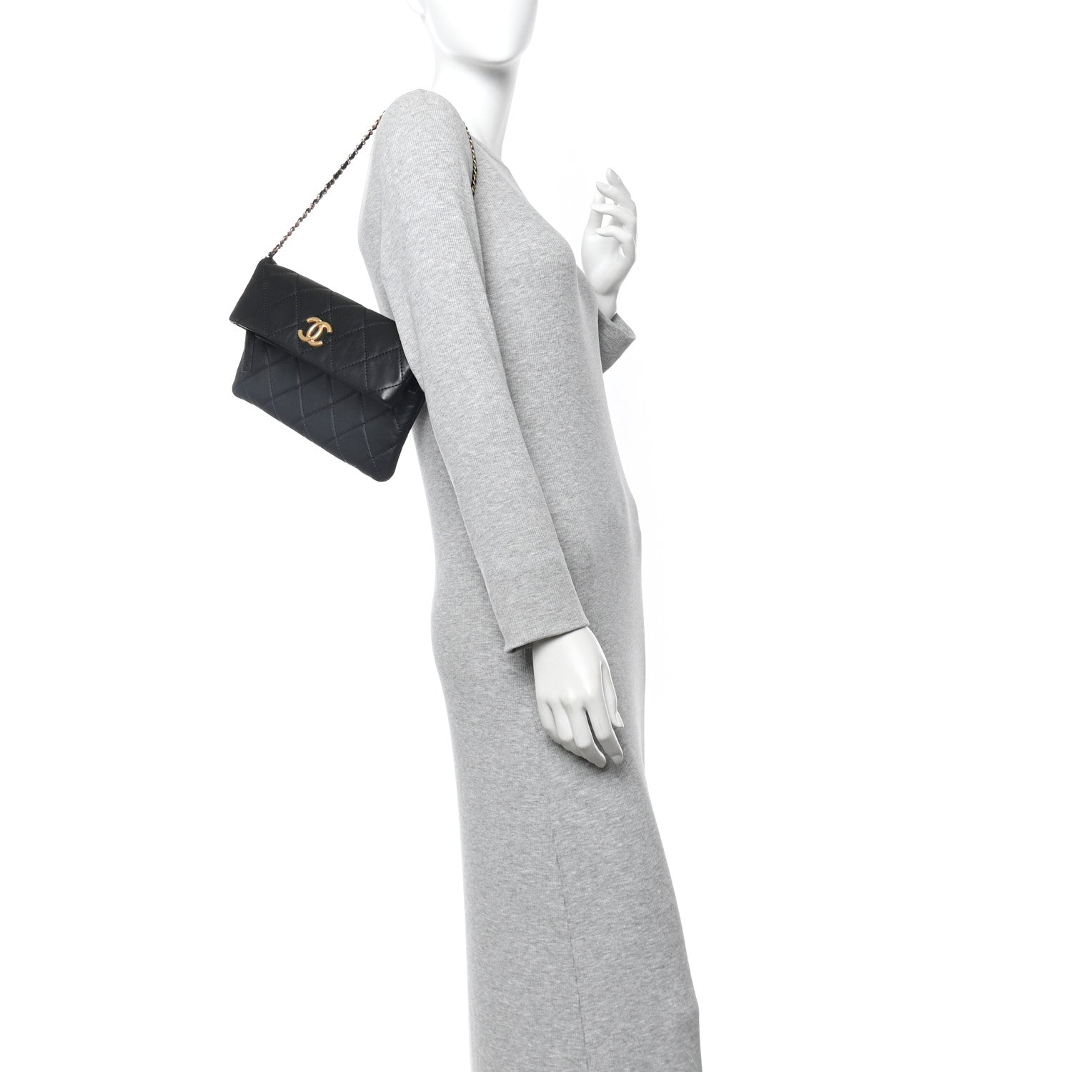 Chanel Calfskin Quilted Fold Over Clutch Black