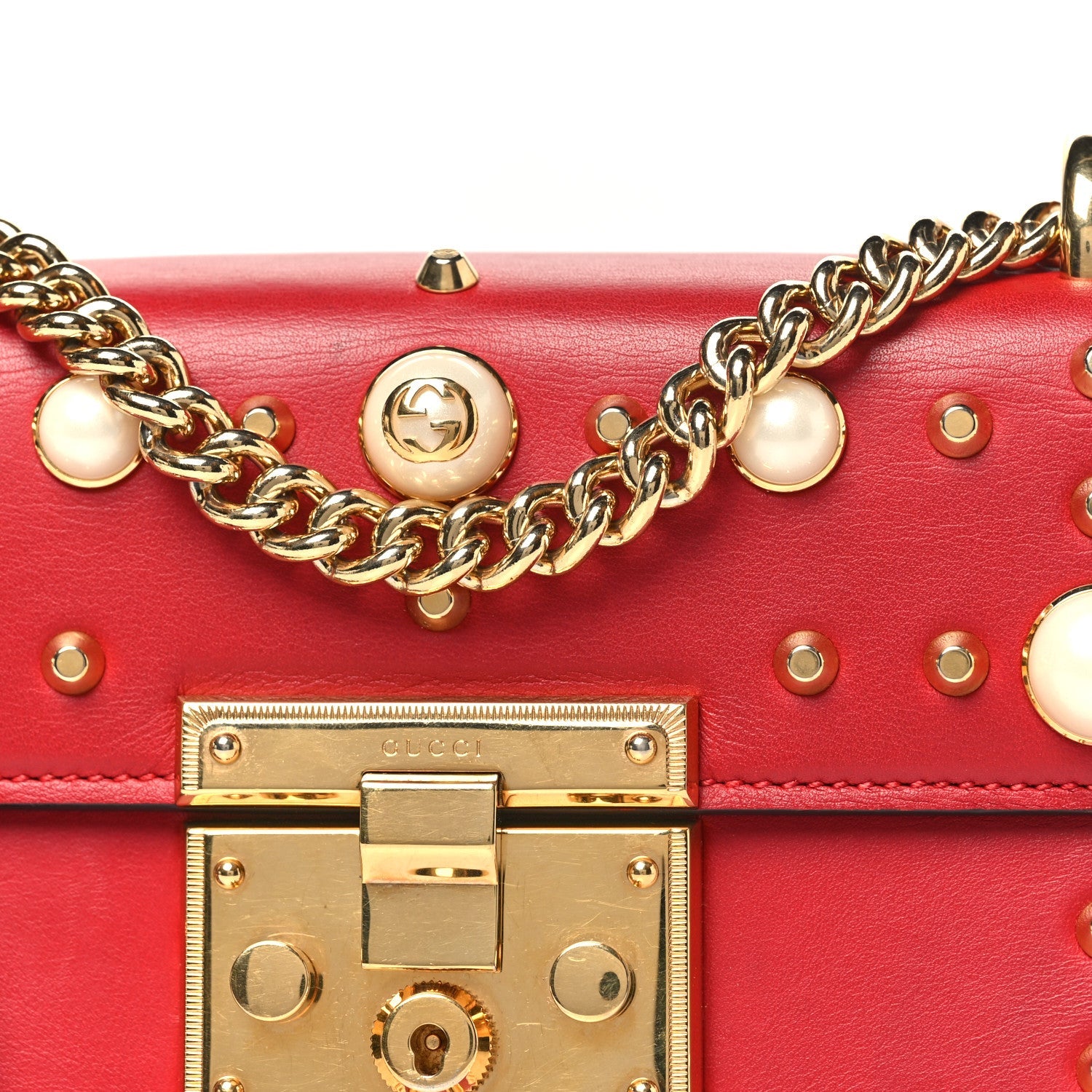 Gucci Calfskin Studded Small Padlock Shoulder Bag Hibiscus Red