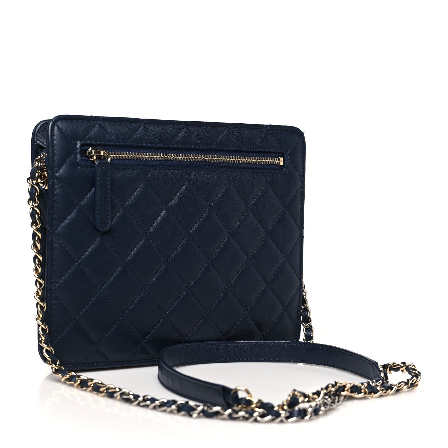 Chanel Lambskin Quilted Square Front Pocket Clutch With Chain Navy Blue
