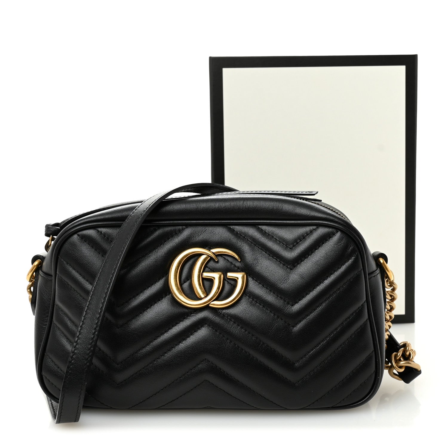 Gucci Calfskin Matelasse Small GG Marmont Chain Shoulder Bag Black