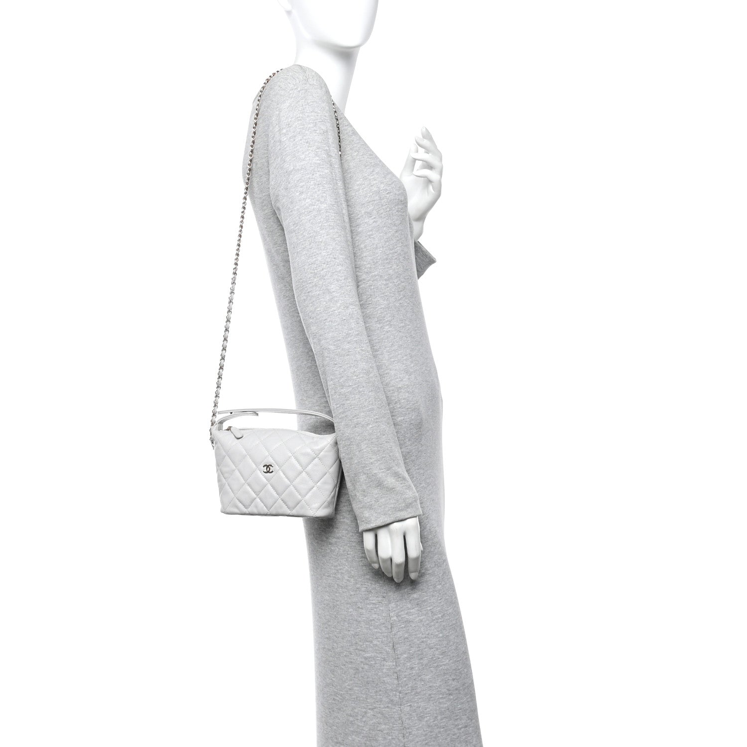 Chanel Shiny Caviar Quilted Hobo Clutch With Chain Light Grey