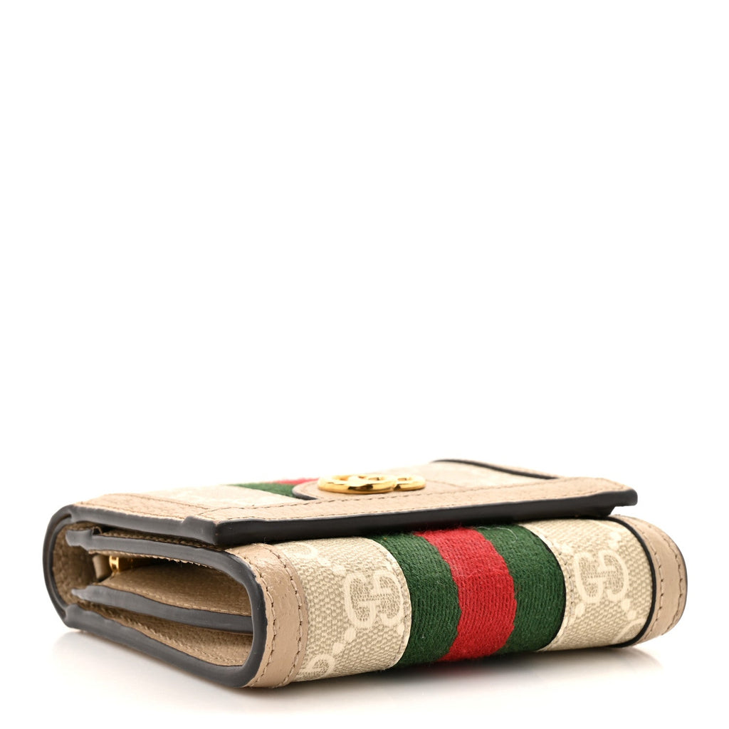 Gucci GG Supreme Monogram Textured Dollar Calfskin Web Ophidia Card Case Wallet Beige Mystic White Oatmeal