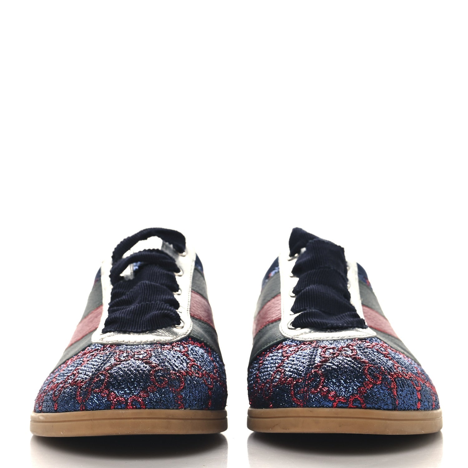 Gucci Lurex Calfskin Web GG Monogram Womens Falacer Sneakers 37 Iridescent Blue Iridescent Red Silver
